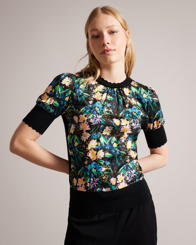 T-Shirt Ted Baker Sketchy Magnolia Puff Sleeve Noir Femme | ZCG-23021969